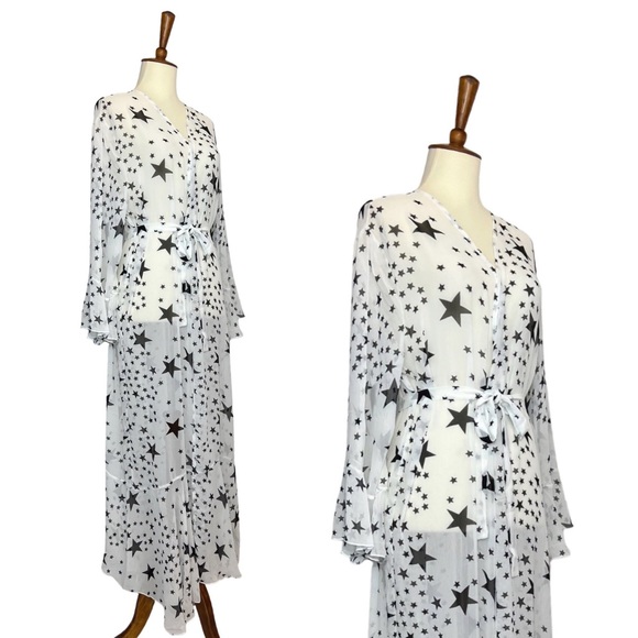 Boho White Chiffon with Black Stars Kimono Duster Beach Coverup - Picture 12 of 16